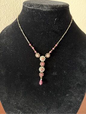 Liz Palacios S.F. Pink Swarovski Crystal Rhinestone Lariat Flower Necklace
